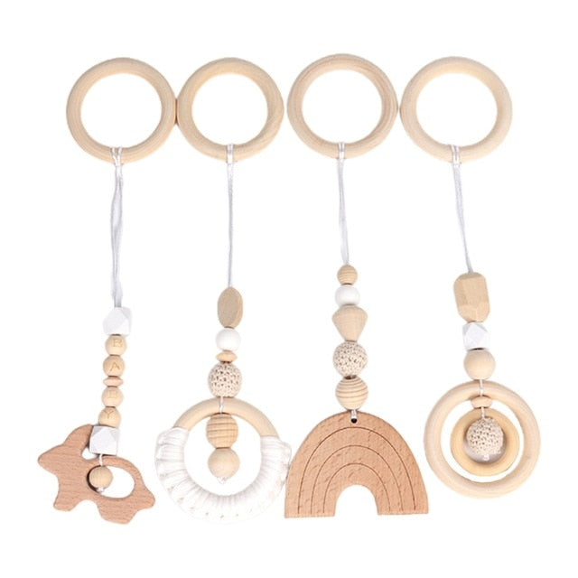 Baby Play Gym Frame Wooden Beech Activity Gym Frame Stroller Hanging Pendants Toys Teether Ring Nursing Rattle Toys Room Decor
