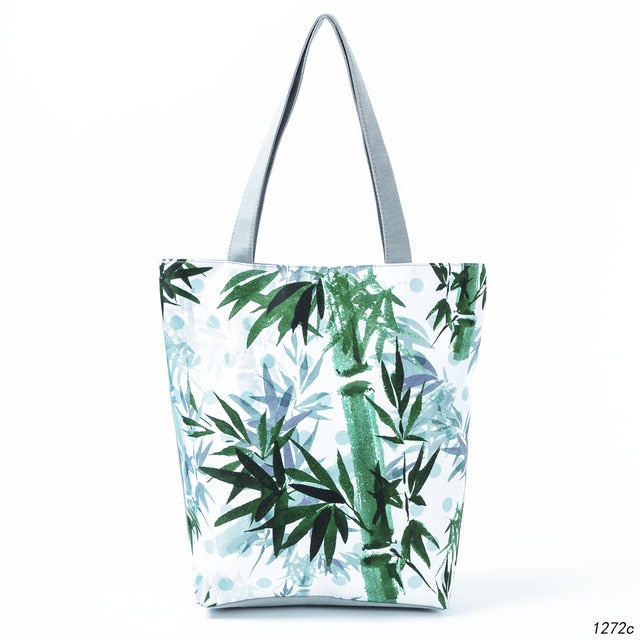 Miyahouse Summer Green Leaf Printed Women Handbag Foldable & Reusable Beach Bag Large Capacity Canvas Travel Bag For Female