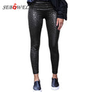 SEBOWEL Women High Waist Black Leggings Leopard Textured Stretchy Faux Leather Pants Female Sexy Skinny Autumn Leggings S-XL