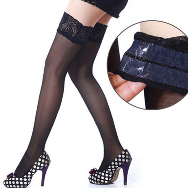 New Sexy Fishnet Stocking Pantyhose Silicone Hollow Elastic Stockings for Women Lace Top High Thigh Tights Pantyhose Transparent