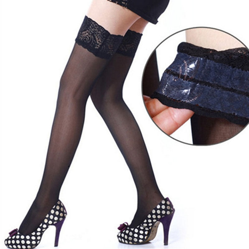 New Sexy Fishnet Stocking Pantyhose Silicone Hollow Elastic Stockings for Women Lace Top High Thigh Tights Pantyhose Transparent