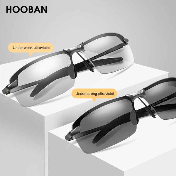 HOOBAN Vintage Photochromic Sunglasses Men Fashion Rectangle Polarized Sun Glasses Male Driving Chameleon Eyewear Night Vision