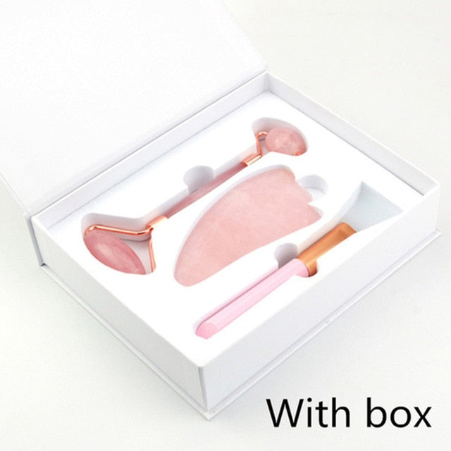 Rose Quartz Roller Face-lifting Massager Natural Jade Facial Massager Roller Slimming Jade Scraping Mask Brush Three-piece Set