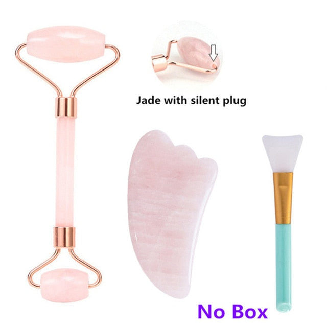 Rose Quartz Roller Face-lifting Massager Natural Jade Facial Massager Roller Slimming Jade Scraping Mask Brush Three-piece Set
