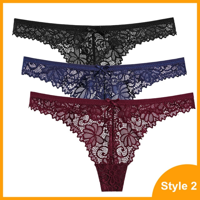 3 Pcs Panties Underwear Woman Lace Thong G String Sexy Briefs Lingerie Woman Thong T-back Lace Female Low Waist Women's Panties