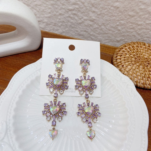 MENGJIQIAO New Korean Shiny Heart Crystal Drop Earrings For Women Fashion Shell Rhinestone Boucle D'oreille Party Jeweley Gift
