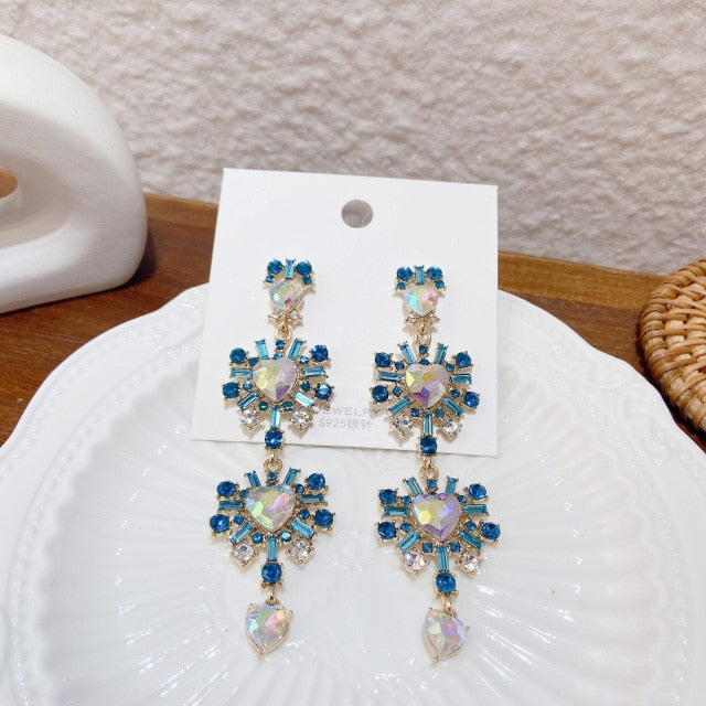 MENGJIQIAO New Korean Shiny Heart Crystal Drop Earrings For Women Fashion Shell Rhinestone Boucle D'oreille Party Jeweley Gift