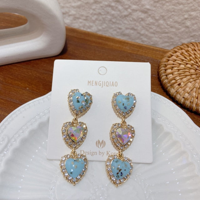 MENGJIQIAO New Korean Shiny Heart Crystal Drop Earrings For Women Fashion Shell Rhinestone Boucle D'oreille Party Jeweley Gift