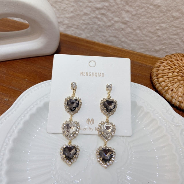 MENGJIQIAO New Korean Shiny Heart Crystal Drop Earrings For Women Fashion Shell Rhinestone Boucle D'oreille Party Jeweley Gift