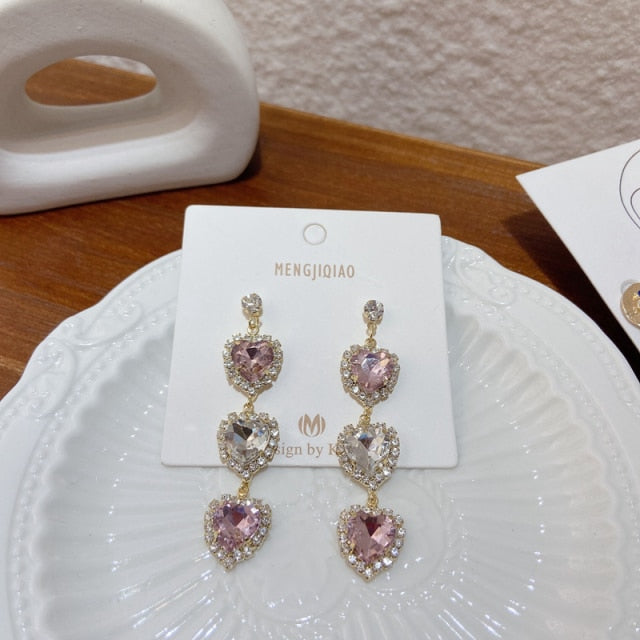 MENGJIQIAO New Korean Shiny Heart Crystal Drop Earrings For Women Fashion Shell Rhinestone Boucle D'oreille Party Jeweley Gift