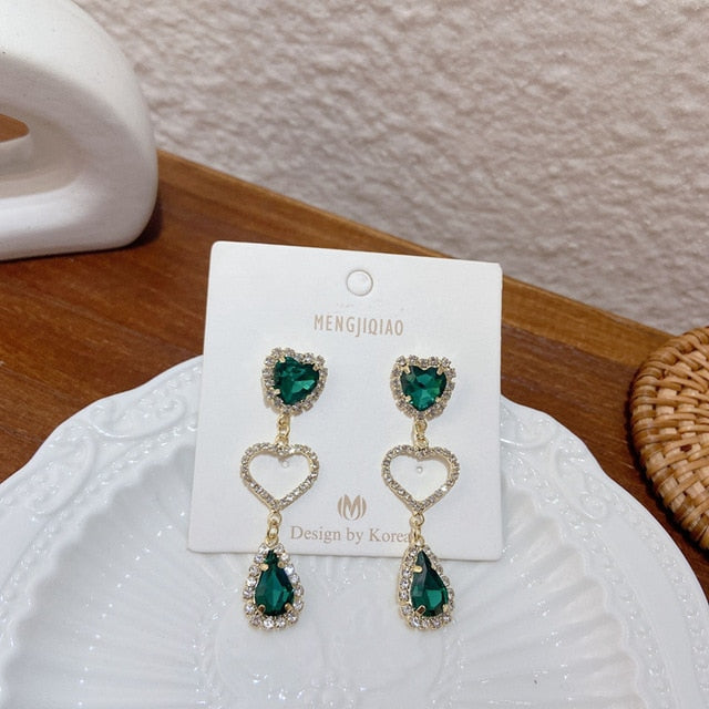 MENGJIQIAO New Korean Shiny Heart Crystal Drop Earrings For Women Fashion Shell Rhinestone Boucle D'oreille Party Jeweley Gift