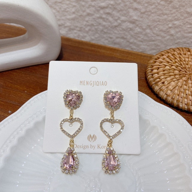 MENGJIQIAO New Korean Shiny Heart Crystal Drop Earrings For Women Fashion Shell Rhinestone Boucle D'oreille Party Jeweley Gift