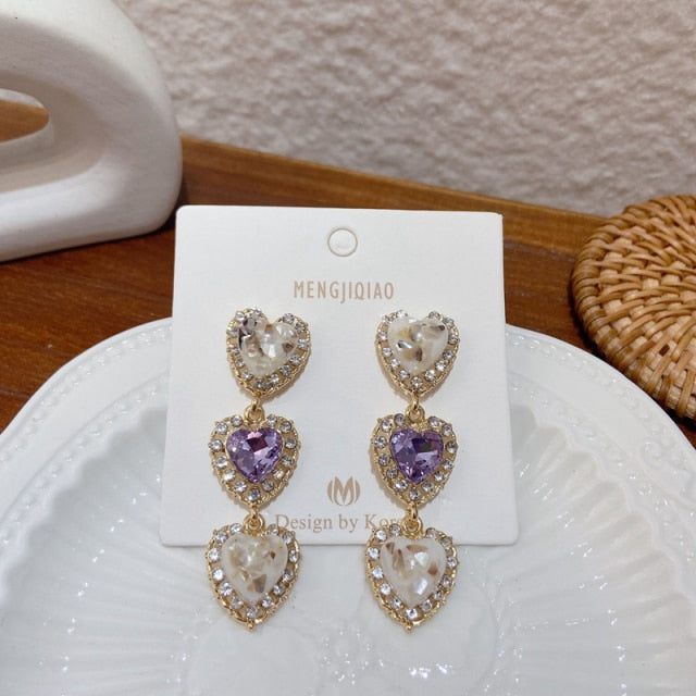 MENGJIQIAO New Korean Shiny Heart Crystal Drop Earrings For Women Fashion Shell Rhinestone Boucle D'oreille Party Jeweley Gift