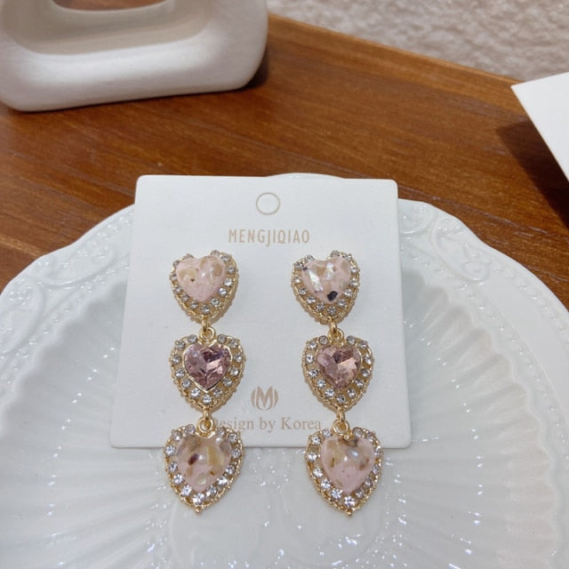 MENGJIQIAO New Korean Shiny Heart Crystal Drop Earrings For Women Fashion Shell Rhinestone Boucle D'oreille Party Jeweley Gift