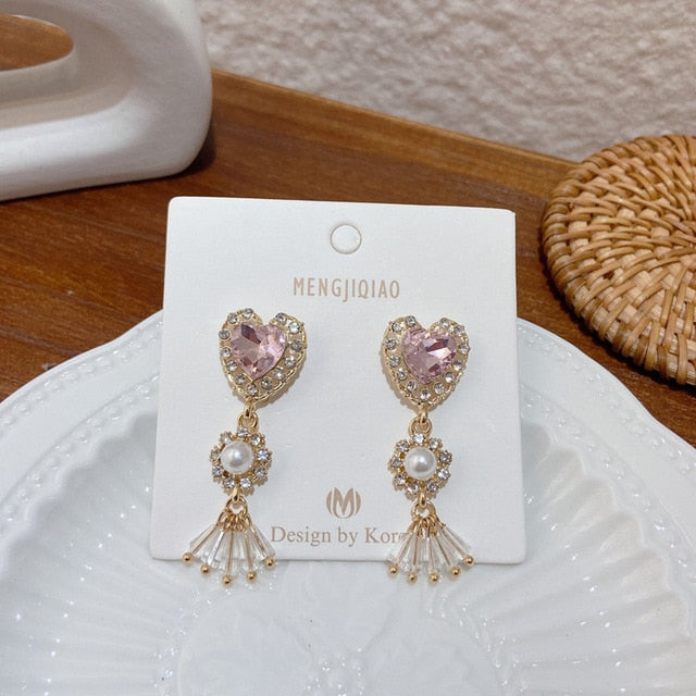 MENGJIQIAO New Korean Shiny Heart Crystal Drop Earrings For Women Fashion Shell Rhinestone Boucle D'oreille Party Jeweley Gift