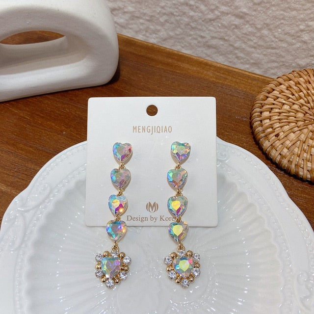 MENGJIQIAO New Korean Shiny Heart Crystal Drop Earrings For Women Fashion Shell Rhinestone Boucle D'oreille Party Jeweley Gift