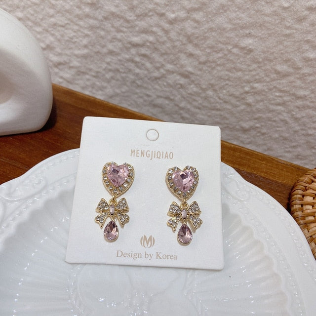 MENGJIQIAO New Korean Shiny Heart Crystal Drop Earrings For Women Fashion Shell Rhinestone Boucle D'oreille Party Jeweley Gift