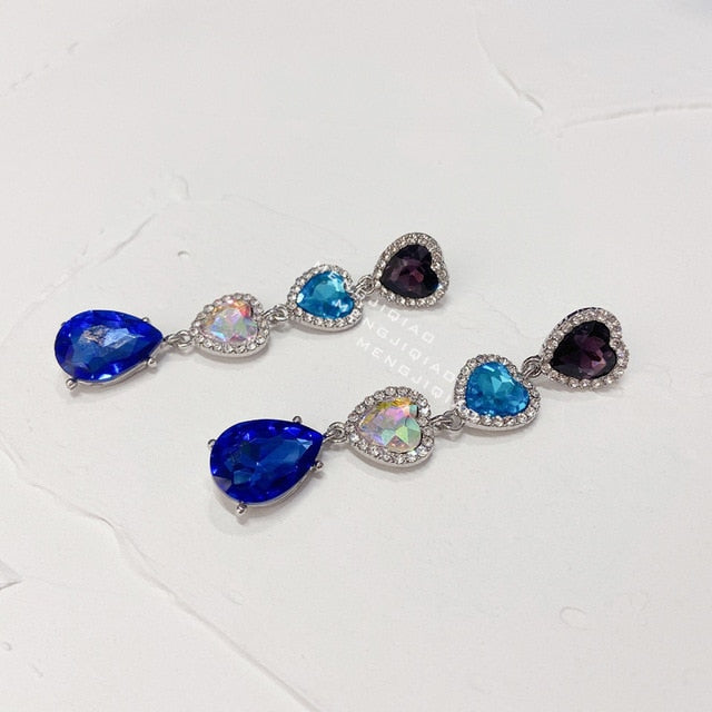 MENGJIQIAO New Korean Shiny Heart Crystal Drop Earrings For Women Fashion Shell Rhinestone Boucle D'oreille Party Jeweley Gift