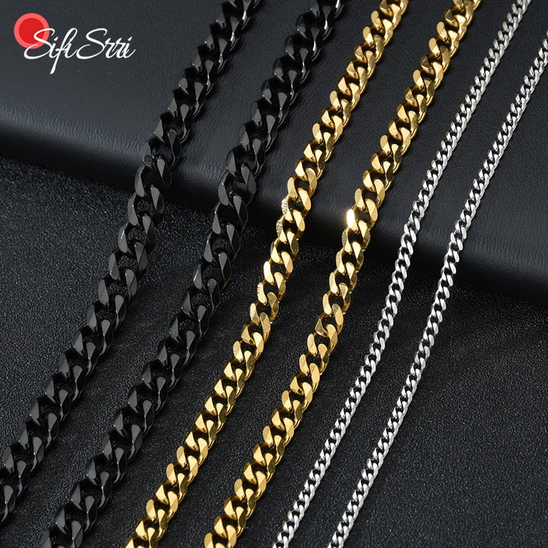 Sifisrri Punk Stainless Steel 3/5/7mm Curb Cuban Necklaces For Men Women Black Gold Basic Link Chains Solid Metal Jewelry Gift