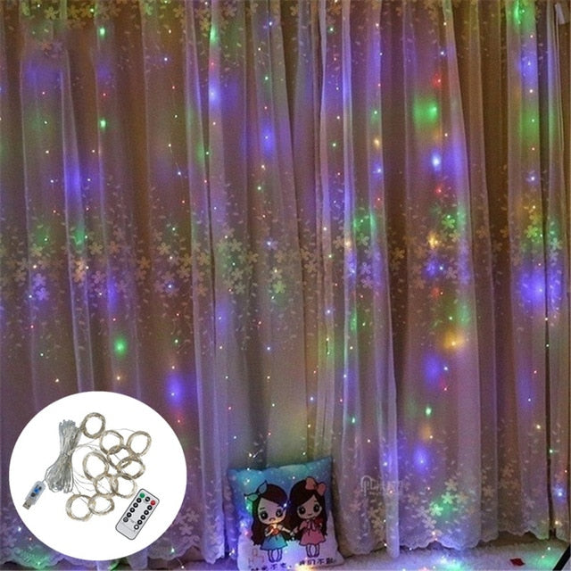 3MX3M LED Curtain Garland on The Window USB String Lights Fairy Festoon Remote Control New Year Christmas Decorations for Home