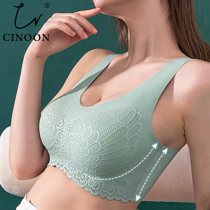 CINOON Plus Size Bras For Women Latex Seamless Bra With Gathers Pad Comfortable Bralette Push Up Brassiere Bra Vest Wireless BH