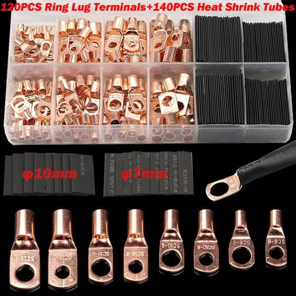 60/240/260CPS Assortment Car Auto Copper Ring Terminal Wire Crimp Connector Bare Cable Battery Terminals Soldered Connectors Kit
