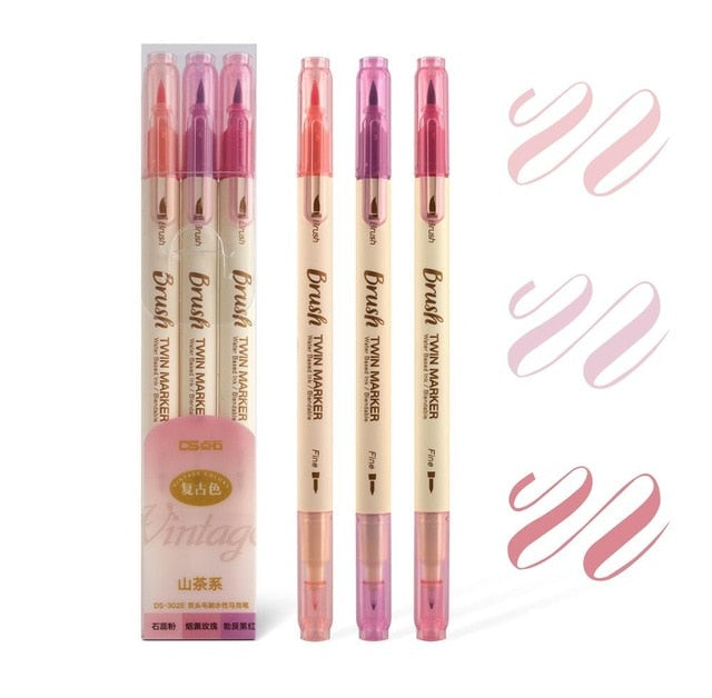 3pcs Retro color Brush Marker Pens Set Dual side Fine Liner Water Based Ink Blendable Watercolor Art Paint Drawing School F133