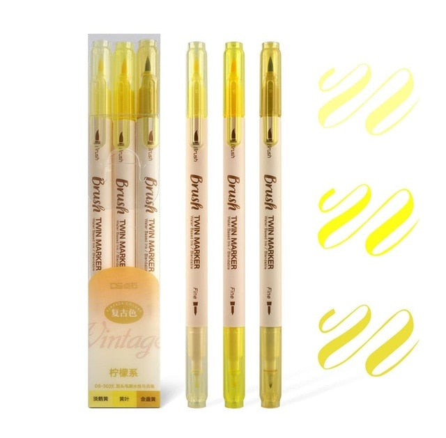 3pcs Retro color Brush Marker Pens Set Dual side Fine Liner Water Based Ink Blendable Watercolor Art Paint Drawing School F133