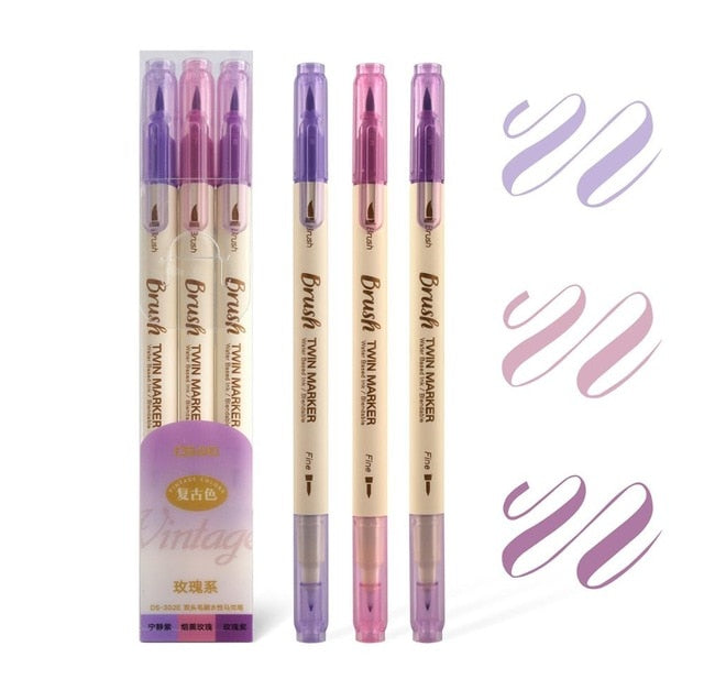 3pcs Retro color Brush Marker Pens Set Dual side Fine Liner Water Based Ink Blendable Watercolor Art Paint Drawing School F133