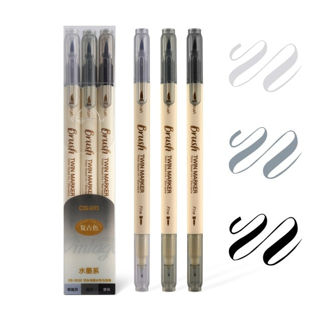 3pcs Retro color Brush Marker Pens Set Dual side Fine Liner Water Based Ink Blendable Watercolor Art Paint Drawing School F133