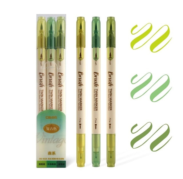 3pcs Retro color Brush Marker Pens Set Dual side Fine Liner Water Based Ink Blendable Watercolor Art Paint Drawing School F133
