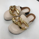 SUOJIALUN  New Brand Design Gold Chain Women Slipper Closed Toe Slip On Mules Shoes Round Toe Low Heels Casual Slides Flip Flop