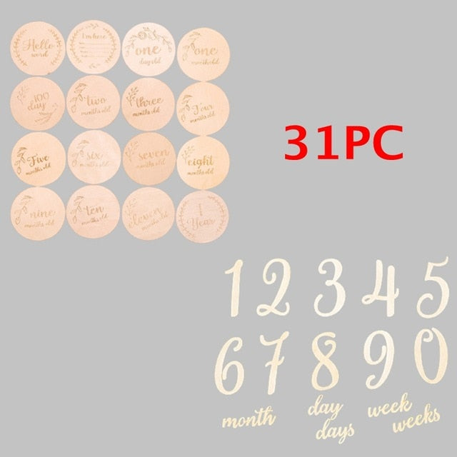 Wooden Baby Month Milestone Card Newborn Birth Month Birthday Milestone Wooden Teether Baby Kids Photography Props Toy