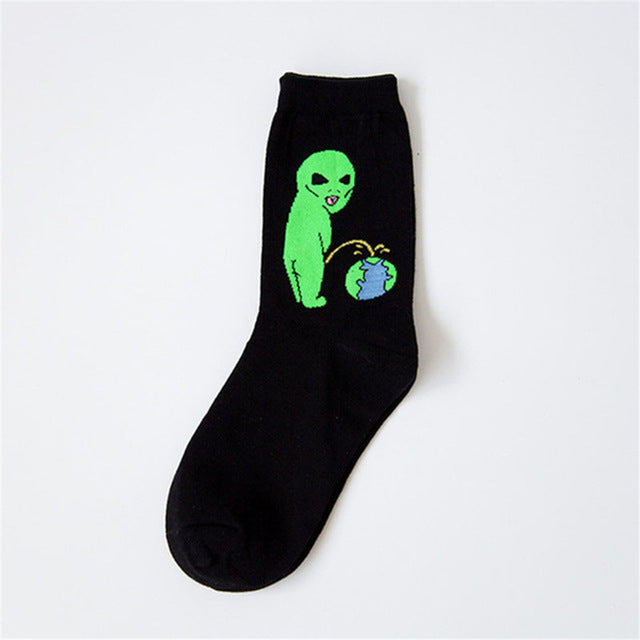 1 Pair Autumn Winter Women Cotton Socks Art Funny Alien Planet Creative Funny Cartoon Cat Breathable Socks Couple socks