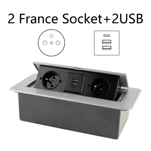 Desktop Socket Table Outlet 2 3 DE EU FR Socket With USB Charging Slow Pop Up Black Silver Aluminum Alloy Cover For Meeting Room