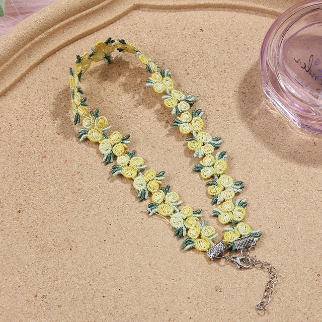 Korea Boho Flower Charms Chian Necklace Choker for Women Girl Harajuku Collars Cute Daisy Fabric Lace Jewelry