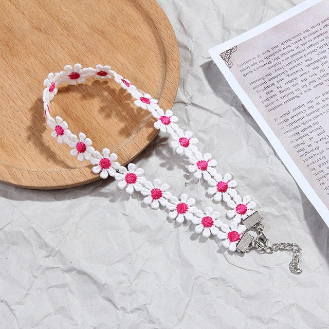 Korea Boho Flower Charms Chian Necklace Choker for Women Girl Harajuku Collars Cute Daisy Fabric Lace Jewelry