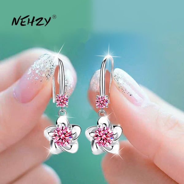 NEHZY 925 sterling silver new women's fashion jewelry pink blue white crystal zircon long tassel flower hook type earrings