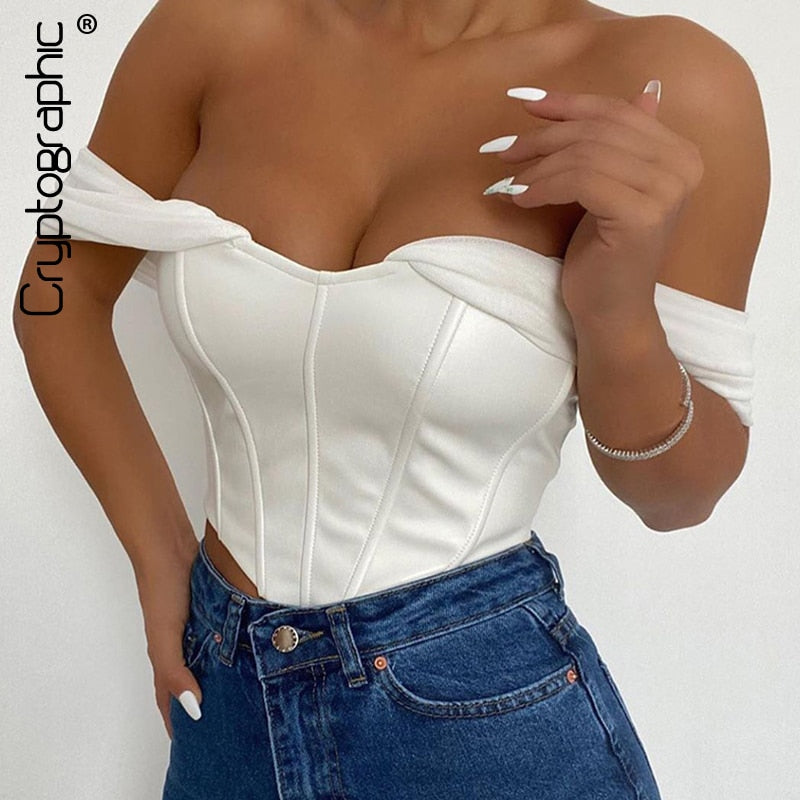 Cryptographic PU leather Sexy Bustier Corset Top Off Shoulder Chiffon White Strapless Female Top Cropped Tops Women Clothes