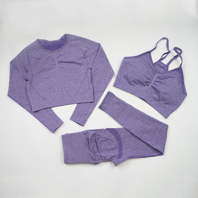 Seamless Yoga Set Women Workout Sportswear Gym Clothing Fitness Long Sleeve Crop Top High Waist Leggings+ Bra Sports Suits