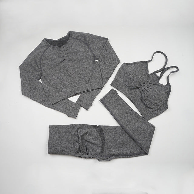Seamless Yoga Set Women Workout Sportswear Gym Clothing Fitness Long Sleeve Crop Top High Waist Leggings+ Bra Sports Suits