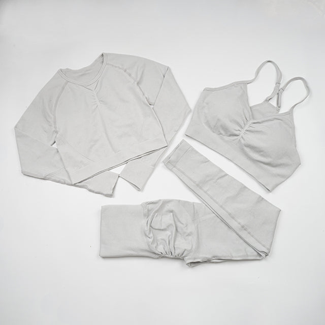 Seamless Yoga Set Women Workout Sportswear Gym Clothing Fitness Long Sleeve Crop Top High Waist Leggings+ Bra Sports Suits