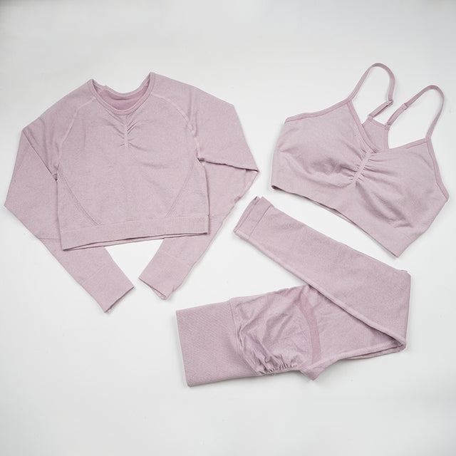 Seamless Yoga Set Women Workout Sportswear Gym Clothing Fitness Long Sleeve Crop Top High Waist Leggings+ Bra Sports Suits