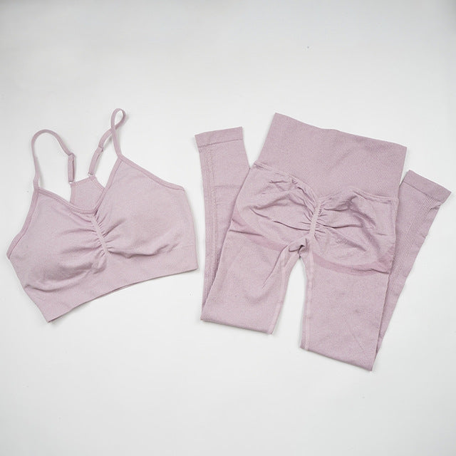 Seamless Yoga Set Women Workout Sportswear Gym Clothing Fitness Long Sleeve Crop Top High Waist Leggings+ Bra Sports Suits