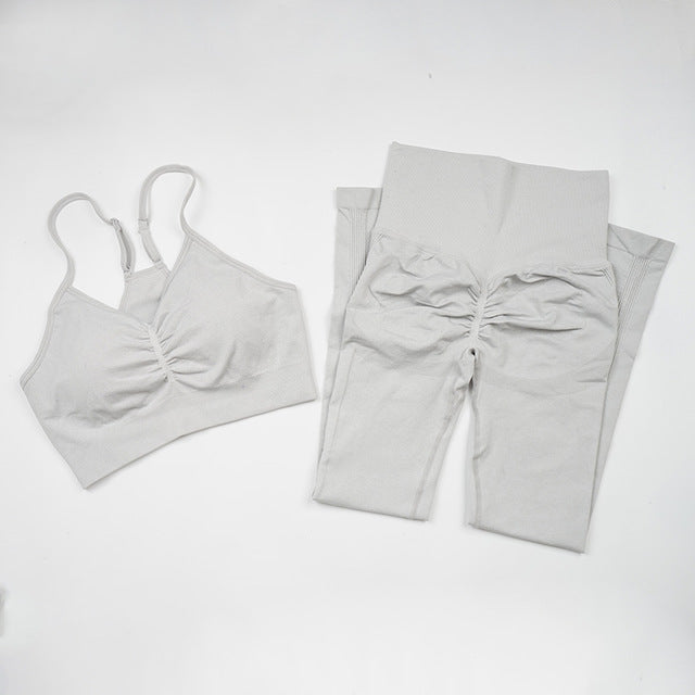 Seamless Yoga Set Women Workout Sportswear Gym Clothing Fitness Long Sleeve Crop Top High Waist Leggings+ Bra Sports Suits