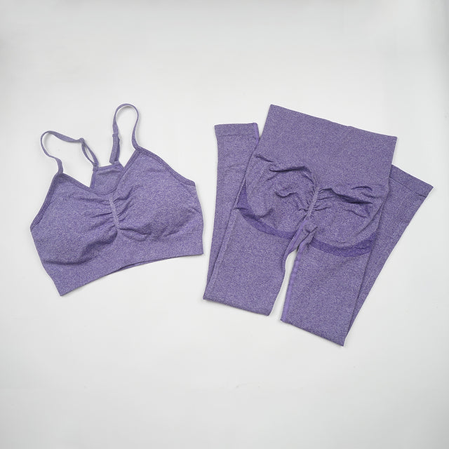 Seamless Yoga Set Women Workout Sportswear Gym Clothing Fitness Long Sleeve Crop Top High Waist Leggings+ Bra Sports Suits