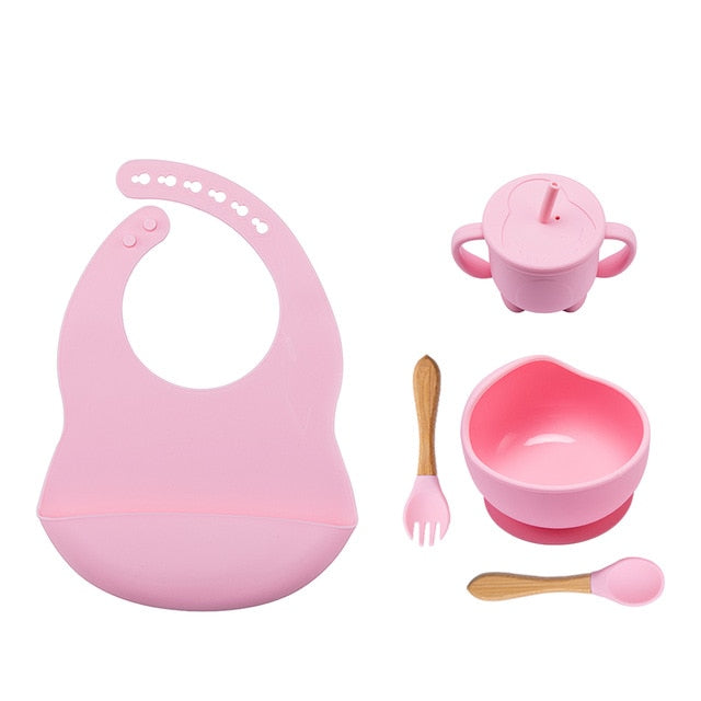 5 Pcs set Silicone Bowl Bibs cup Sets Baby BPA Free Waterproof Spoon NonSlip Feedings Silicone Bowl Tableware Baby Products