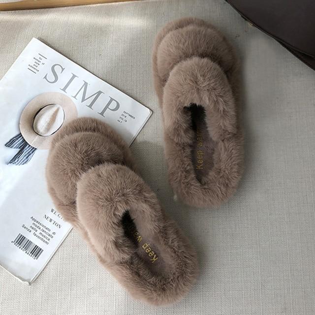 Winter Women House Furry Slippers Fashion Faux Fur Warm Shoes Women Slip on Flats Female Home Slides Black Plush Slippers