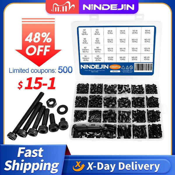 1060pcs M2 M3 M4 M5 Hex Socket Screw Set Carbon Steel Flat Round Cap Head Screws Bolts and Nuts Assortment Kit with Storage Box