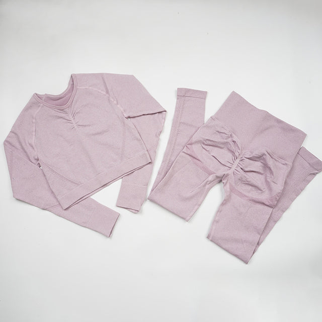 Seamless Yoga Set Women Workout Sportswear Gym Clothing Fitness Long Sleeve Crop Top High Waist Leggings+ Bra Sports Suits